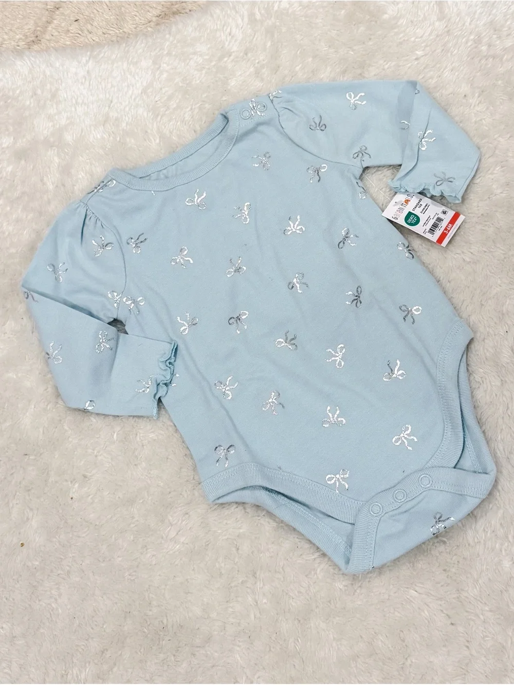 Long-Sleeve Baby One-Piece Bodysuit in Light Blue with Silver Bows